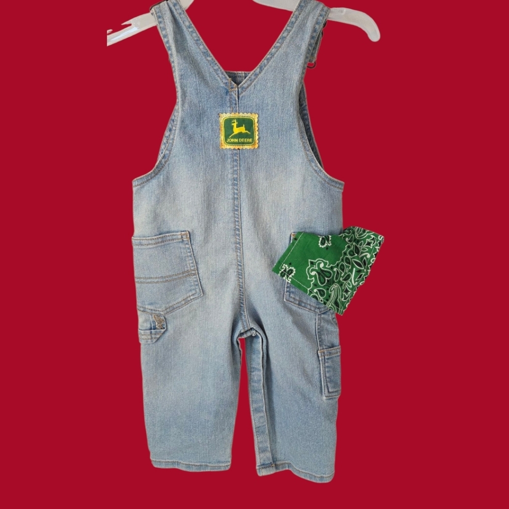 OshKosh B'gosh NWOT Blue Denim Overalls John Deer Green Tractor Patches 12 Month - Picture 2 of 10